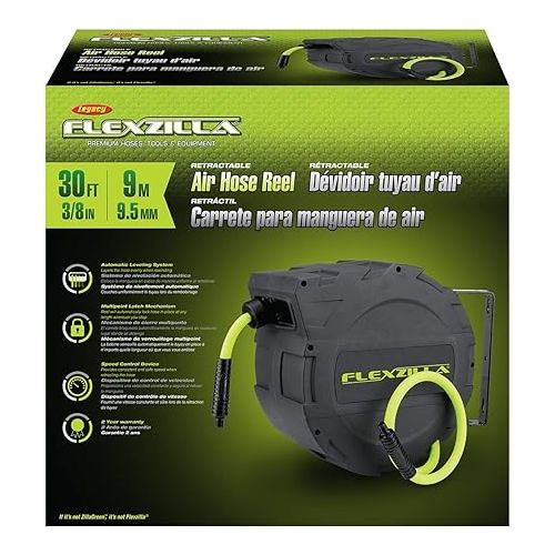  Flexzilla Retractable Enclosed Plastic Air Hose Reel, 3/8 in. x 30 ft, Heavy Duty, Lightweight, Hybrid, ZillaGreen - L8232FZ