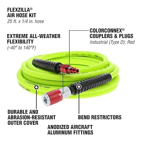  Flexzilla Air Hose with ColorConnex Industrial Type D Coupler and Plug, 1/4 in. x 25 ft., Heavy Duty, Lightweight, Hybrid, ZillaGreen - HFZ1425YW2-D