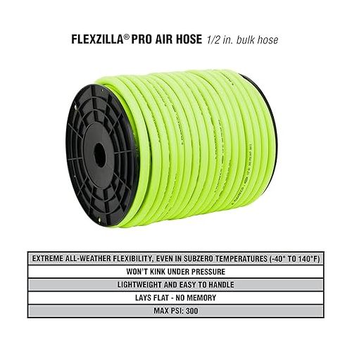  Flexzilla Pro Air Hose, Bulk Plastic Spool, 1/2 in. x 250 ft, Heavy Duty, Lightweight, Hybrid, ZillaGreen - HFZ12250YW