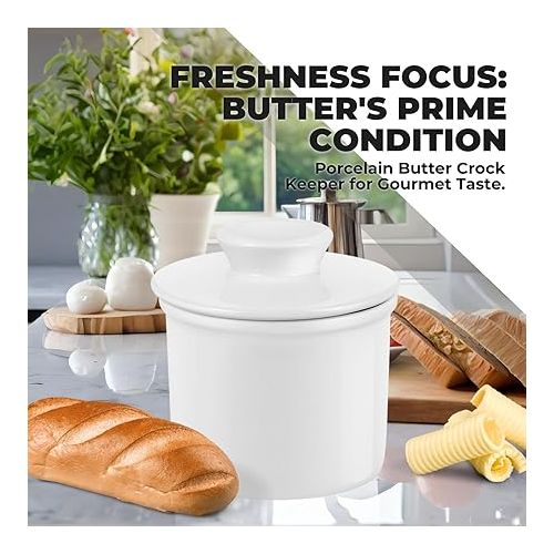  Flexzion Porcelain Butter Crock Butter Keeper, French Butter Dish Bell with Lid, Tabletop Spreadable Soft and Fresh Water Sealed Butter Holder Cafe Retro Collection Farmhouse Decor (White)