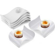 Flexzion Ceramic Egg Holder Cup - 6-Piece Hard Boiled Egg Holder & Soft Boiled Egg Holder Set, White Coddled Egg Cup, Stable & Stackable Modern Wave Style Egg Serving Dish with Base