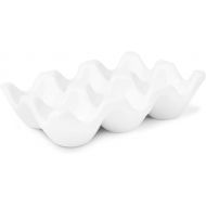 Flexzion Ceramic 6 Cups Egg Tray - Half Dozen Porcelain Egg Holder Container Keeper Storage Organizer Decorative Serving Dish Serveware for Refrigerator Fridge Countertop Display Kitchen (White)