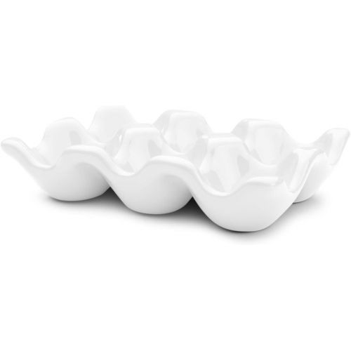  Flexzion Ceramic 6 Cups Egg Tray - Half Dozen Porcelain Egg Holder Container Keeper Storage Organizer Decorative Serving Dish Serveware for Refrigerator Fridge Countertop Display Kitchen (White)