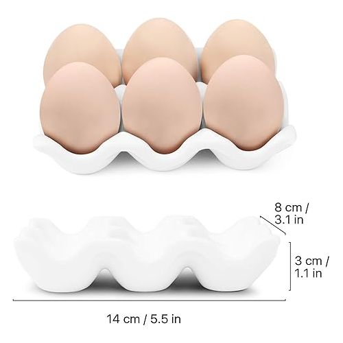  Flexzion Ceramic 6 Cups Egg Tray - Half Dozen Porcelain Egg Holder Container Keeper Storage Organizer Decorative Serving Dish Serveware for Refrigerator Fridge Countertop Display Kitchen (White)