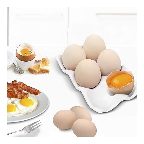  Flexzion Ceramic 6 Cups Egg Tray - Half Dozen Porcelain Egg Holder Container Keeper Storage Organizer Decorative Serving Dish Serveware for Refrigerator Fridge Countertop Display Kitchen (White)