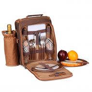 Flexzion Picnic Bag Kit - Set for 2 Person With Cooler Compartment, Detachable Bottle/Wine Holder, Plates and Flatware Cutlery Set Insulated Lunch Bag (Plaid Tartan - Brown)