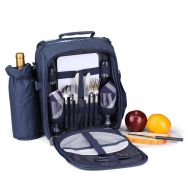 Flexzion Picnic Bag Kit - Set for 2 Person With Cooler Compartment, Detachable Bottle/Wine Holder, Plates and Flatware Cutlery Set Insulated Lunch Bag (Plaid Tartan - Blue)