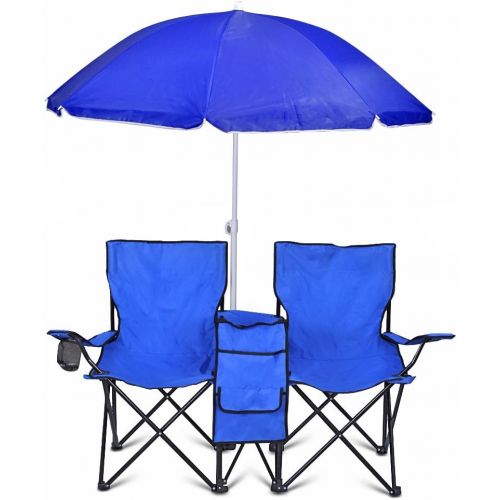  Flexzion Double Folding Chair with Removable Umbrella Table Cooler Bag Fold Up Steel Construction Dual Seat for Patio Beach Lawn Picnic Fishing Camping Garden and Carrying Bag