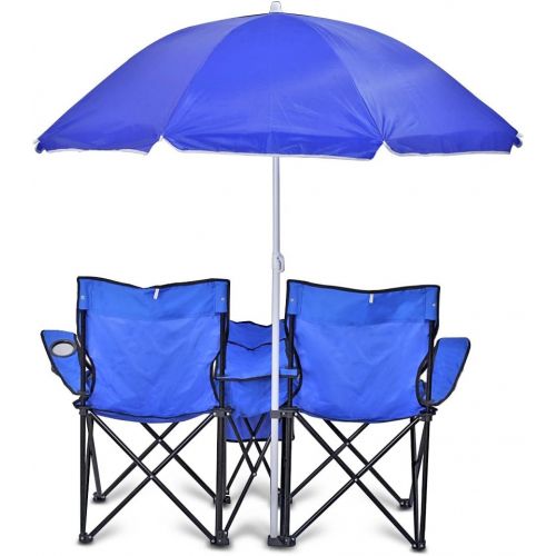  Flexzion Double Folding Chair with Removable Umbrella Table Cooler Bag Fold Up Steel Construction Dual Seat for Patio Beach Lawn Picnic Fishing Camping Garden and Carrying Bag