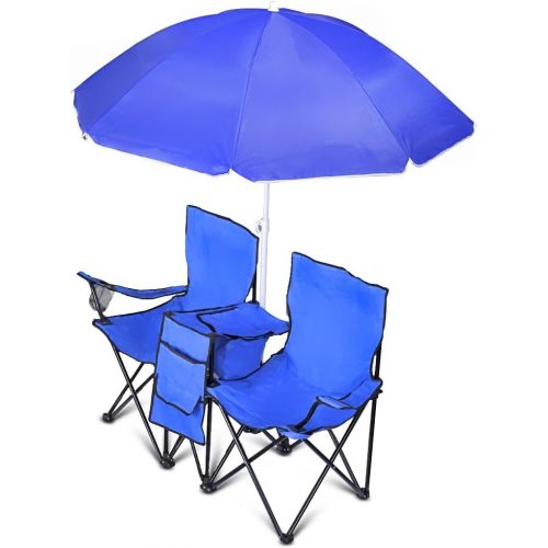  Flexzion Double Folding Chair with Removable Umbrella Table Cooler Bag Fold Up Steel Construction Dual Seat for Patio Beach Lawn Picnic Fishing Camping Garden and Carrying Bag
