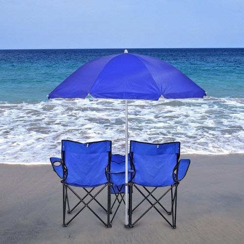  Flexzion Double Folding Chair with Removable Umbrella Table Cooler Bag Fold Up Steel Construction Dual Seat for Patio Beach Lawn Picnic Fishing Camping Garden and Carrying Bag