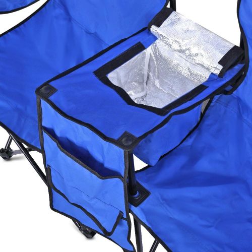  Flexzion Double Folding Chair with Removable Umbrella Table Cooler Bag Fold Up Steel Construction Dual Seat for Patio Beach Lawn Picnic Fishing Camping Garden and Carrying Bag