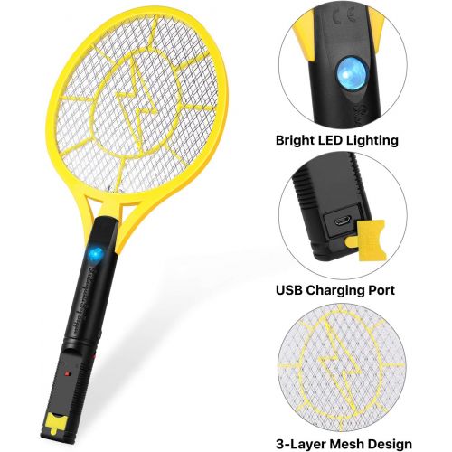  Flexzion Electric Zapper Racket Battery Operated, Rechargeable Swatter USB Charging, for Bedroom Patio Yard Boat Camping Car Decks/Indoor Outdoor Yellow