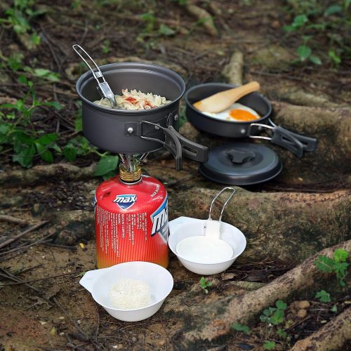  Flexzion Camping Cookware Mess Kit Compact 10pc Hiking Cooking Gear Set for Outdoors, Backpacking, Campfire Lightweight Portable Non Stick Pot & Pan with Utensils Nylon Bag A