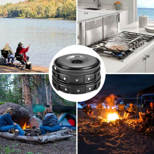  Flexzion Camping Cookware Mess Kit Compact 10pc Hiking Cooking Gear Set for Outdoors, Backpacking, Campfire Lightweight Portable Non Stick Pot & Pan with Utensils Nylon Bag A