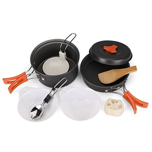  Flexzion Camping Cookware Mess Kit Compact 10pc Hiking Cooking Gear Set - for Outdoors, Backpacking, Campfire - Lightweight Portable Non Stick Pot & Pan with Utensils - Nylon Bag A