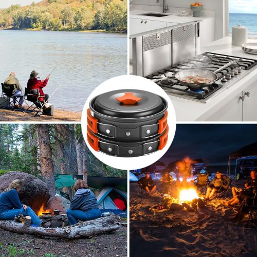  Flexzion Camping Cookware Mess Kit Compact 10pc Hiking Cooking Gear Set - for Outdoors, Backpacking, Campfire - Lightweight Portable Non Stick Pot & Pan with Utensils - Nylon Bag A