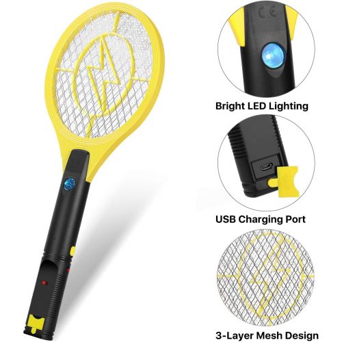  Flexzion Electric Zapper Racket 17 Electric Rechargeable Swatter USB Charging, for Bedroom Patio Yard Boat Camping Car Decks Indoor Outdoor - Yellow