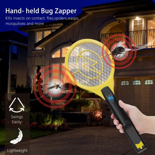  Flexzion Electric Zapper Racket 17 Electric Rechargeable Swatter USB Charging, for Bedroom Patio Yard Boat Camping Car Decks Indoor Outdoor - Yellow