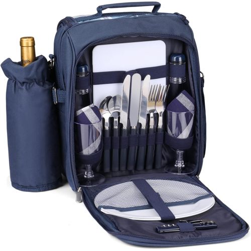  Flexzion Travel Picnic Backpack for 2 Person (Blue) Wine Picnic Basket Bag with Plates, Flatware Cutlery, Glass Set, Insulated Compartment, Detachable Bottle Wine Holder