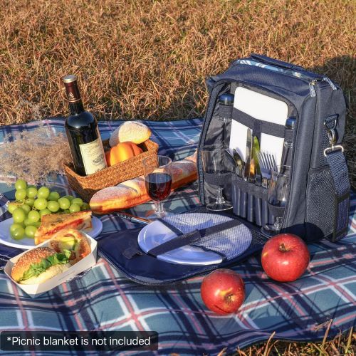  Flexzion Travel Picnic Backpack for 2 Person (Blue) Wine Picnic Basket Bag with Plates, Flatware Cutlery, Glass Set, Insulated Compartment, Detachable Bottle Wine Holder