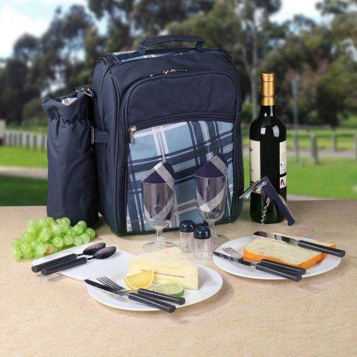  Flexzion Travel Picnic Backpack for 2 Person (Blue) Wine Picnic Basket Bag with Plates, Flatware Cutlery, Glass Set, Insulated Compartment, Detachable Bottle Wine Holder