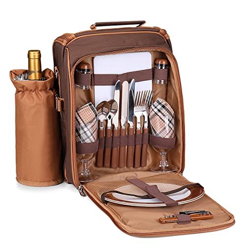  Flexzion Picnic Backpack Kit - Camping Bag Set for 2 Person with Cooler Compartment, Detachable Bottle/Wine Holder, Plates and Flatware Cutlery Insulated Lunch Pack for Family (Pla