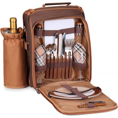  Flexzion Picnic Backpack Kit - Camping Bag Set for 2 Person with Cooler Compartment, Detachable Bottle/Wine Holder, Plates and Flatware Cutlery Insulated Lunch Pack for Family (Pla