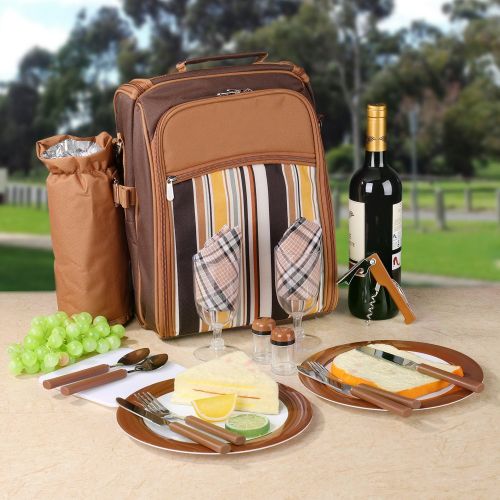  Flexzion Picnic Backpack Kit - Camping Bag Set for 2 Person with Cooler Compartment, Detachable Bottle/Wine Holder, Plates and Flatware Cutlery Insulated Lunch Pack for Family (Pla