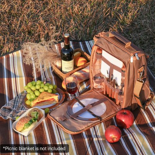  Flexzion Picnic Backpack Kit - Camping Bag Set for 2 Person with Cooler Compartment, Detachable Bottle/Wine Holder, Plates and Flatware Cutlery Insulated Lunch Pack for Family (Pla