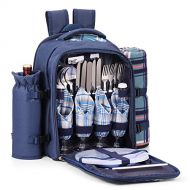Flexzion Picnic Backpack Kit - Camping Bag Set for 4 Person with Cooler Compartment, Detachable Bottle/Wine Holder, Large Fleece Blanket, Plates and Flatware Cutlery for Family (Pl