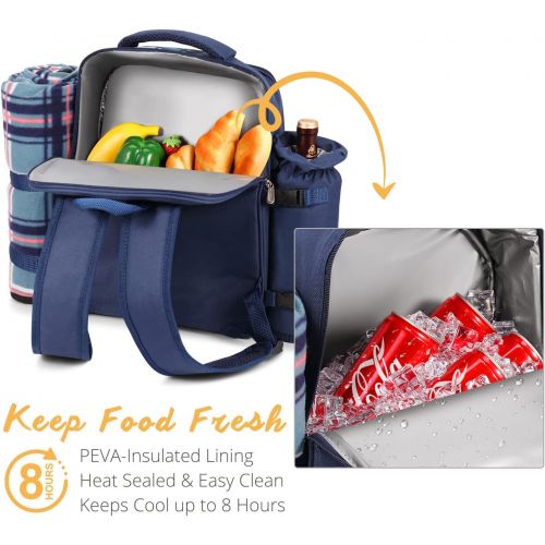  Flexzion Picnic Backpack Kit - Camping Bag Set for 4 Person with Cooler Compartment, Detachable Bottle/Wine Holder, Large Fleece Blanket, Plates and Flatware Cutlery for Family (Pl
