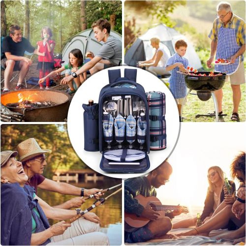  Flexzion Picnic Backpack Kit - Camping Bag Set for 4 Person with Cooler Compartment, Detachable Bottle/Wine Holder, Large Fleece Blanket, Plates and Flatware Cutlery for Family (Pl