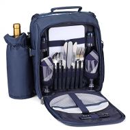 Flexzion Picnic Backpack Kit - Camping Bag Set for 2 Person with Cooler Compartment, Detachable Bottle/Wine Holder, Plates and Flatware Cutlery Insulated Lunch Pack for Family (Pla