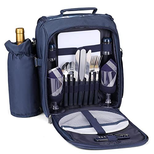  Flexzion Picnic Backpack Kit - Camping Bag Set for 2 Person with Cooler Compartment, Detachable Bottle/Wine Holder, Plates and Flatware Cutlery Insulated Lunch Pack for Family (Pla