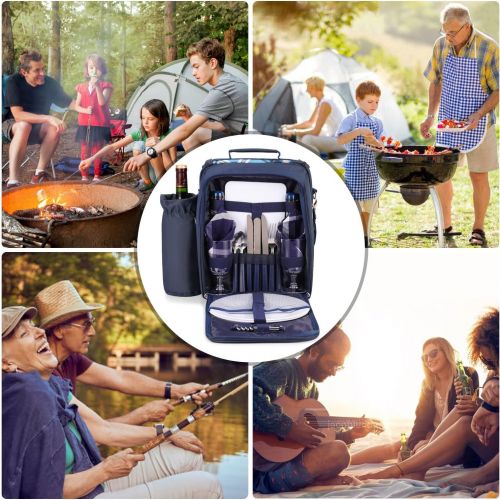  Flexzion Picnic Backpack Kit - Camping Bag Set for 2 Person with Cooler Compartment, Detachable Bottle/Wine Holder, Plates and Flatware Cutlery Insulated Lunch Pack for Family (Pla