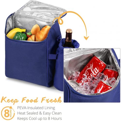  Flexzion Picnic Backpack Kit - Camping Bag Set for 2 Person with Cooler Compartment, Detachable Bottle/Wine Holder, Plates and Flatware Cutlery Insulated Lunch Pack for Family (Pla