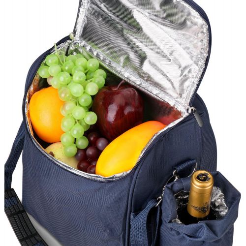  Flexzion Picnic Backpack Kit - Camping Bag Set for 2 Person with Cooler Compartment, Detachable Bottle/Wine Holder, Plates and Flatware Cutlery Insulated Lunch Pack for Family (Pla