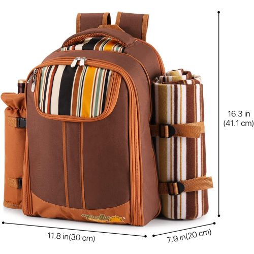  Flexzion Picnic Backpack Kit - Camping Bag Set for 4 Person with Cooler Compartment, Detachable Bottle/Wine Holder, Large Fleece Blanket, Plates and Flatware Cutlery for Family (Pl