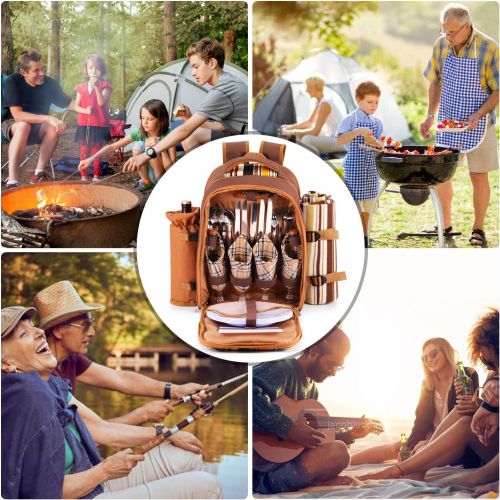  Flexzion Picnic Backpack Kit - Camping Bag Set for 4 Person with Cooler Compartment, Detachable Bottle/Wine Holder, Large Fleece Blanket, Plates and Flatware Cutlery for Family (Pl