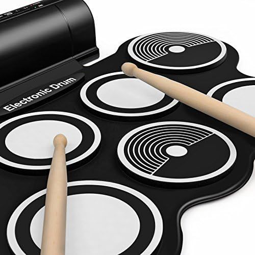  Flexzion Digital Electronic Roll Up Drum Pad Set Kit - Support MIDI Output DTXMania Games, Portable Silicone Sheet 7 Pads with Drum Stick, Foot Pedal Switch, Headphone Jack, USB Ch