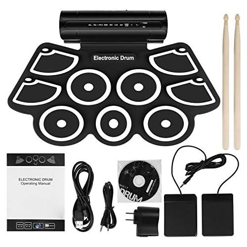  Flexzion Digital Electronic Roll Up Drum Pad Set Kit - Support MIDI Output DTXMania Games, Portable Silicone Sheet 9 Pads with Drum Stick, Foot Pedal Switch, Headphone Jack, USB Ch