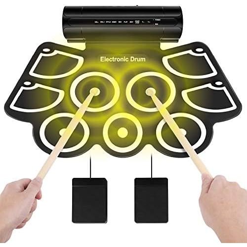  Flexzion Digital Electronic Roll Up Drum Pad Set Kit - Support MIDI Output DTXMania Games, Portable Silicone Sheet 9 Pads with Drum Stick, Foot Pedal Switch, Headphone Jack, USB Ch