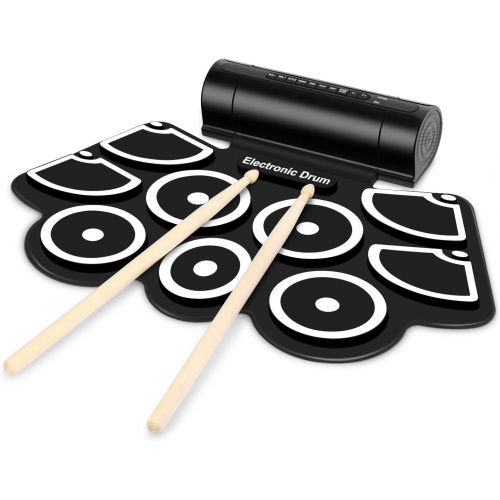  Flexzion Digital Electronic Roll Up Drum Pad Set Kit - Support MIDI Output DTXMania Games, Portable Silicone Sheet 9 Pads with Drum Stick, Foot Pedal Switch, Headphone Jack, USB Ch