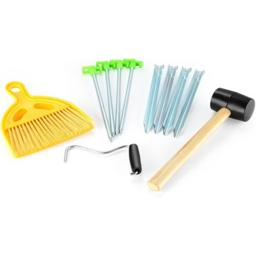  Flexzion Tent Tool Kit Set Assembly - Sports Outdoor Camping Hiking Accessories with Rubber Mallet, Broom Dustpan, Peg Extractor, Tent Stakes, Mesh Bag for Camper Hunting Household