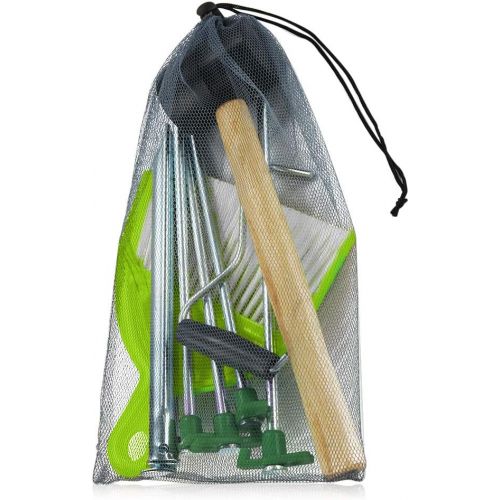  Flexzion Tent Tool Kit Set Assembly - Sports Outdoor Camping Hiking Accessories with Rubber Mallet, Broom Dustpan, Peg Extractor, Tent Stakes, Mesh Bag for Camper Hunting Household