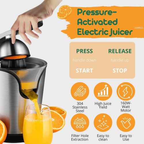  [아마존베스트]Flexzion Hand Press Electric Citrus Orange Juicer Squeezer Machine - Motorized Pulp Control 160 Watt Juice Maker Extractor - Ergonomic Design Stainless Steel Stand with Rubber Handle and Co