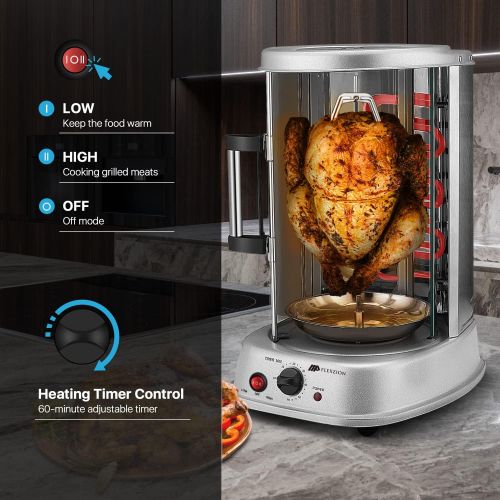  [아마존베스트]Flexzion Rotisserie Toaster Oven Grill - Countertop Kebab Electric Cooker Rotating Roaster Baking Machine, Stainless Steel w/Bake Ware, Kebob Skewers Stain Resistant Professional &