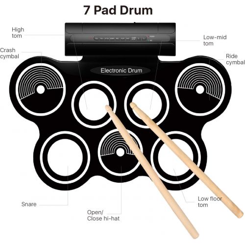  [아마존베스트]Flexzion Digital Electronic Roll Up Drum Pad Set Kit - Support MIDI Output DTXMania Games, Portable Silicone Sheet 7 Pads with Drum Stick, Foot Pedal Switch, Headphone Jack, USB Ch