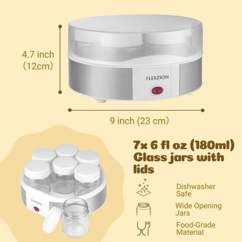  [아마존베스트]Flexzion Maker Machine with 7 Yogurt Containers Glass Jars - Automatic Electric Easy Yogurt Maker Machine